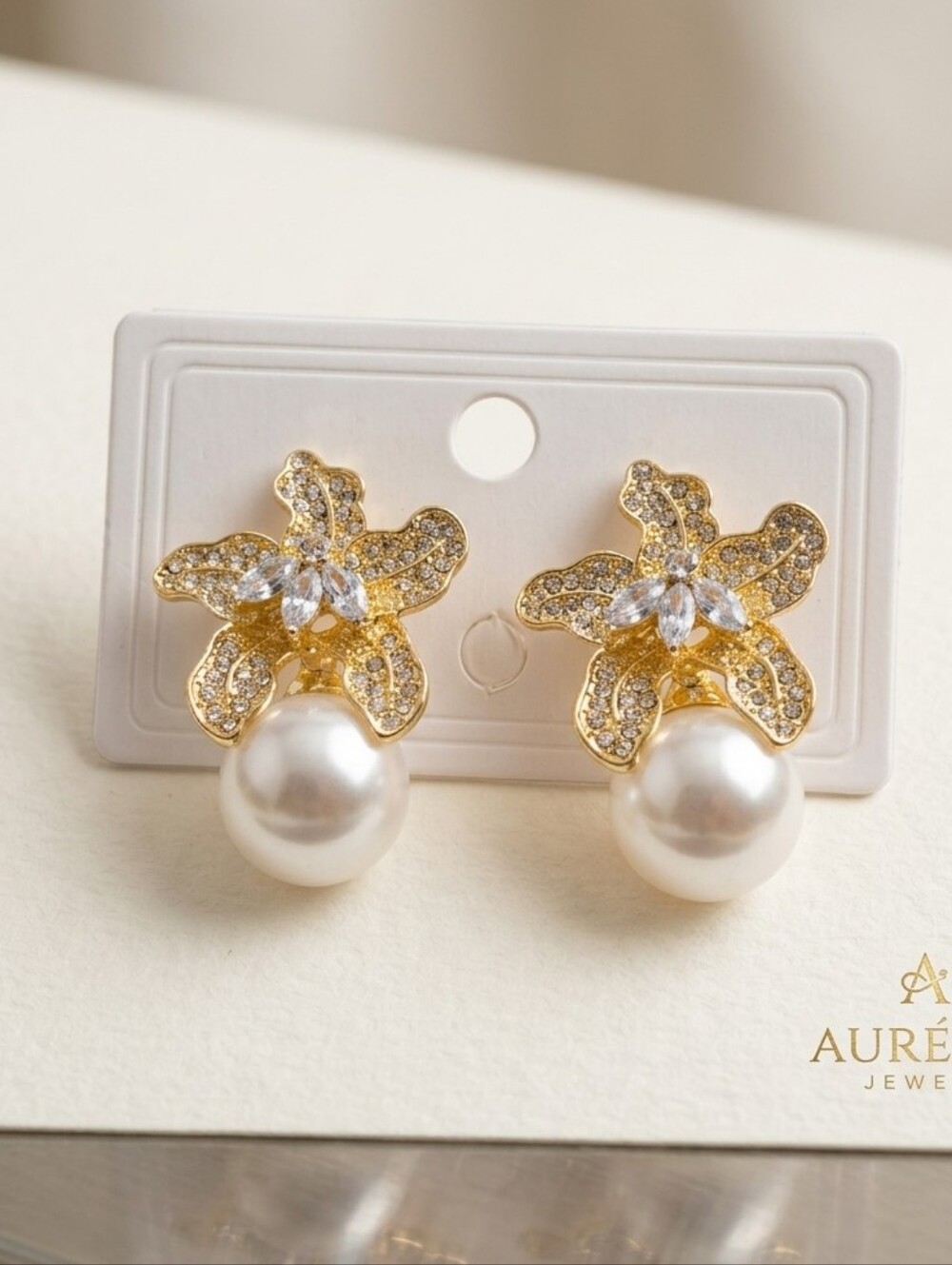 Gold Flower Pearl Drop Earrings with Clear Crystals Like Rhinestone - Picture 4 of 16